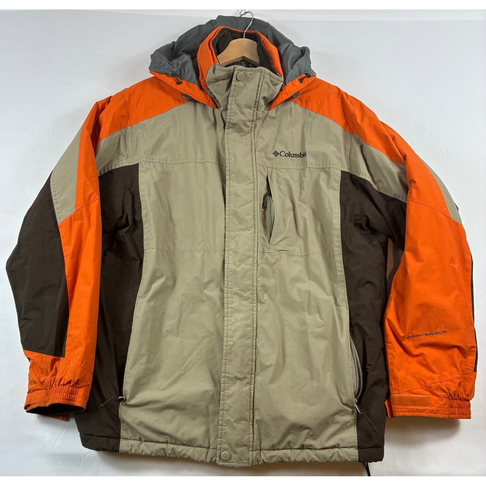 Columbia Omni-Shield Jacket Mens Large Orange Tan Brown Hooded Winter Coat GOOD